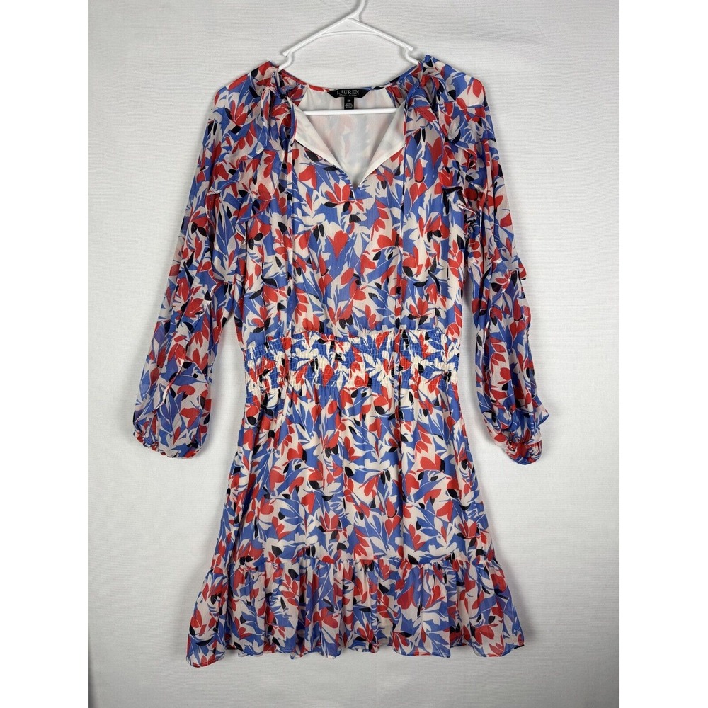 LRL Ralph Lauren Black Label Womens Dress 8P Floral Ruffled V Neck Strap Chiffon